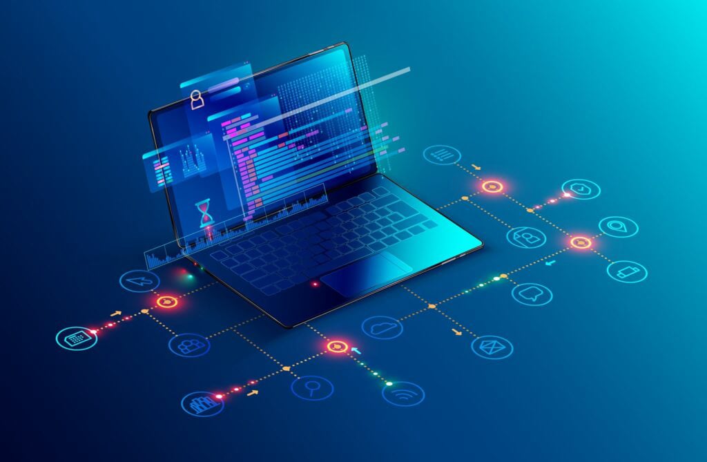 Laptop con código y flujos de integración